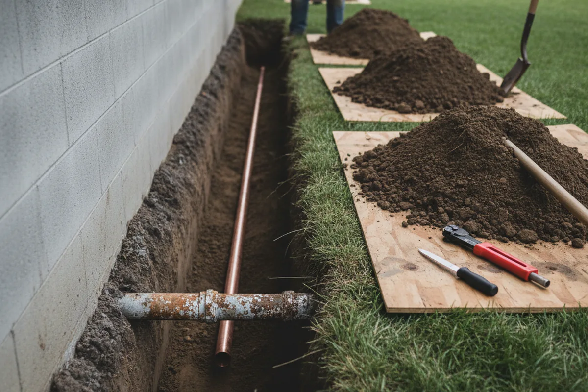 Excavated water line trench during Sewer Line Repair in Chester Gap